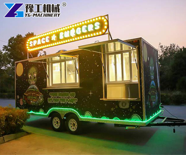Retro-style burger trailer with neon sign