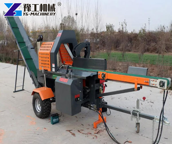 Gasoline powered wood splitting machine in operation