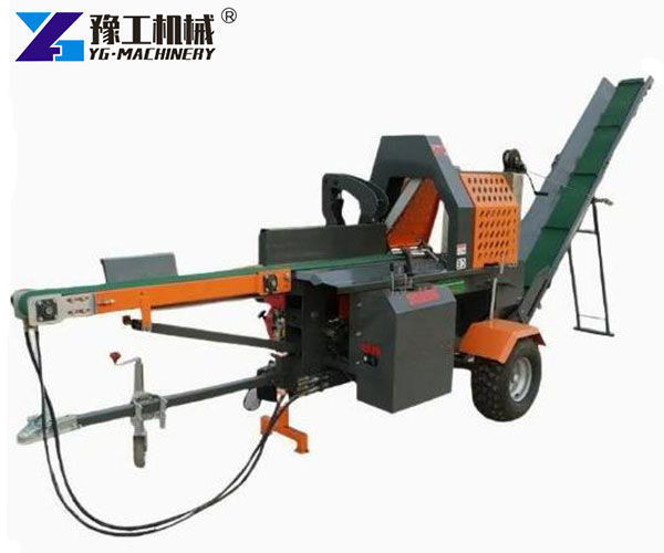 Hydraulic log splitter processing hardwood logs outdoors