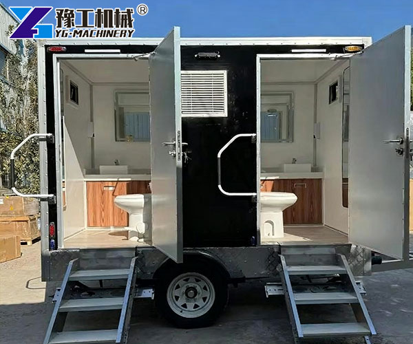 Mobile restroom trailer with sinks and stalls