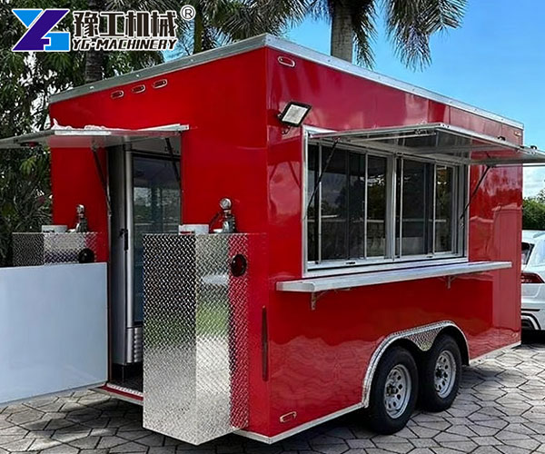 Towable pizza concession trailer on street