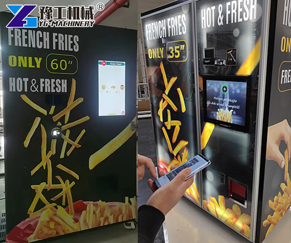 Customer using fries vending machine touchscreen